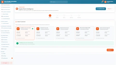Supply Chain Intelligence Configuration - B2B customer selection interface displaying credit limits, payment terms, lifetime value, and order frequency across multiple industries